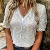 Women’s Summer V Neck Hollow Out Short Sleeve Blouse Eyelet Embroidered Loose Fit Casual Lightweight Top Shirt