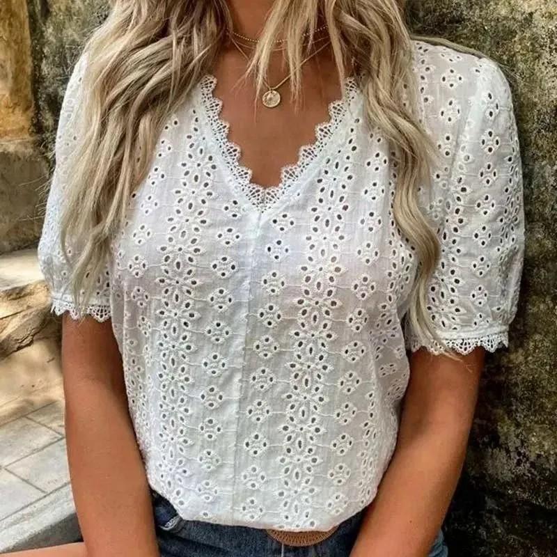 Women’s Summer V Neck Hollow Out Short Sleeve Blouse Eyelet Embroidered Loose Fit Casual Lightweight Top Shirt