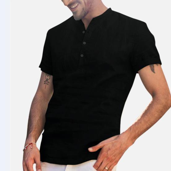 Camicia Estiva da Uomo Tinta Unita Collo Alto Bottoni Maniche Corte Sottile Abbigliamento Quotidiano Vestibilità Slim Scollo a V Top Estivo da Uomo Indumento da Uomo