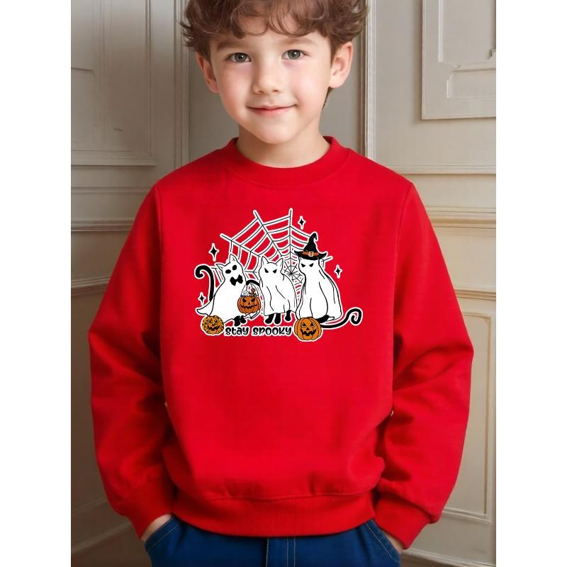 Kids Casual Halloween Ghost Cat Pumpkin Printed Crew Neck Sweatshirt for Daily Wear And Holiday Celebrations