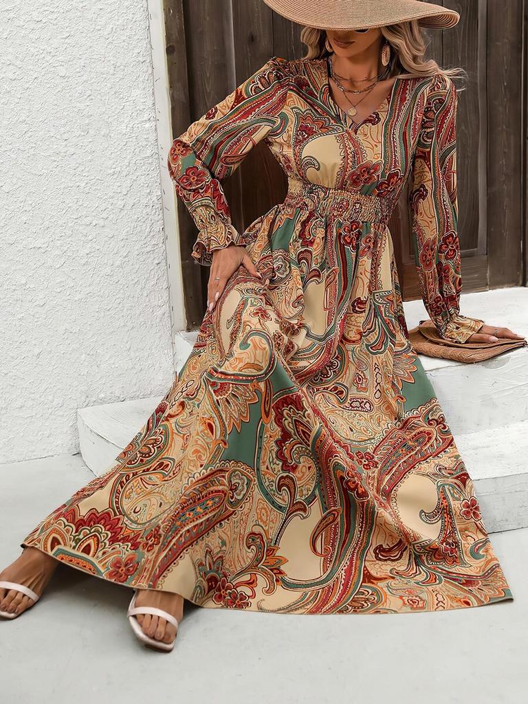 Autumn Sale Women's Printed V-Neck Long Sleeve Maxi Dress