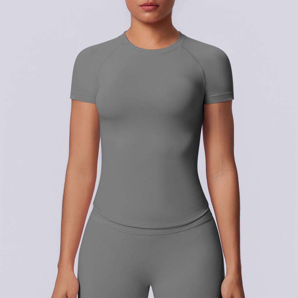 European and American seamless solid color tight high elastic breathable T-shirt sports running fitness yoga clothes top women