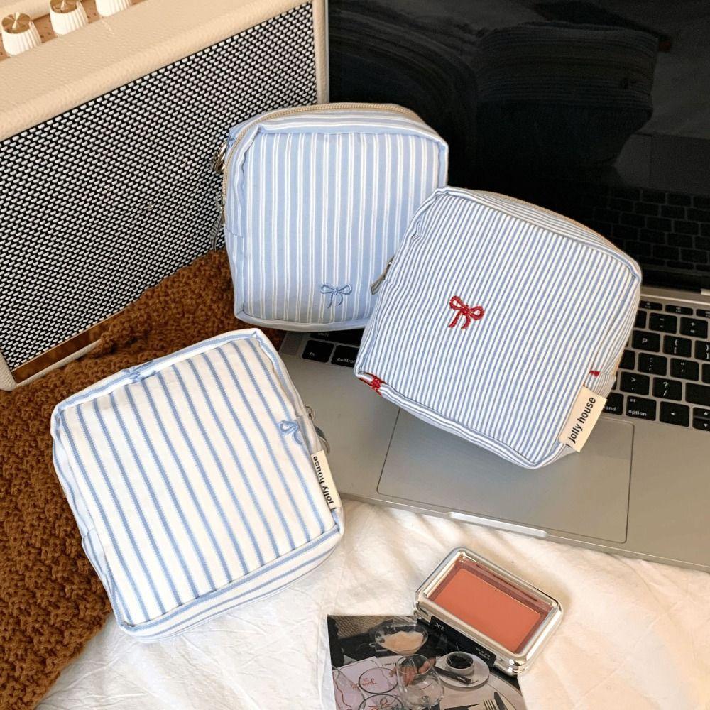 Striped Plaid Mini Makeup Bag Square Shape Embroidered Lipstick Storage Pouch Multi-functional Zipper Closure Cosmetic Bag