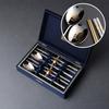 Made In Korea Subok 24K Gold Plated Korean Sujeo Cutlery Set for 2 | Spoon & Chopsticks with Turtle Rests & Blue Silk Gift Case