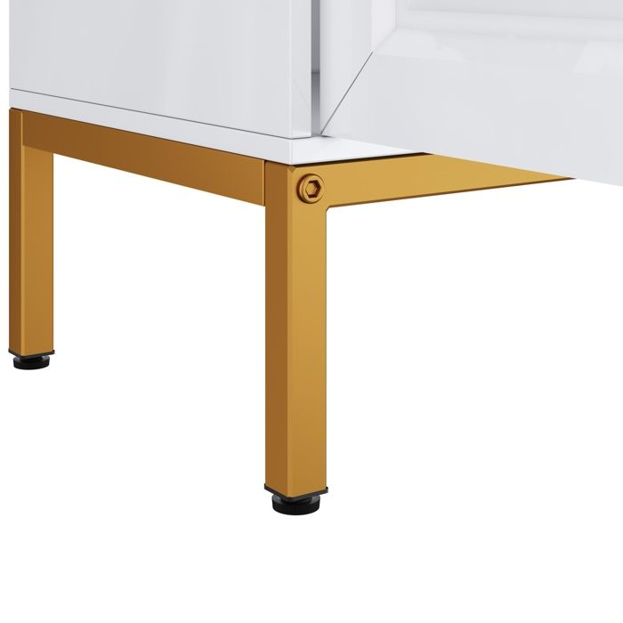 Buffet 140 x 40 x 80 cm - 4 portes - Avec étagères réglables - Finition brillante - Blanc + Or