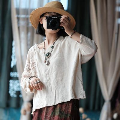 Autumn Women Vintage Cotton Linen Original Embroidery T-Shirt V-Neck Long Sleeves Solid Color T-Shirt