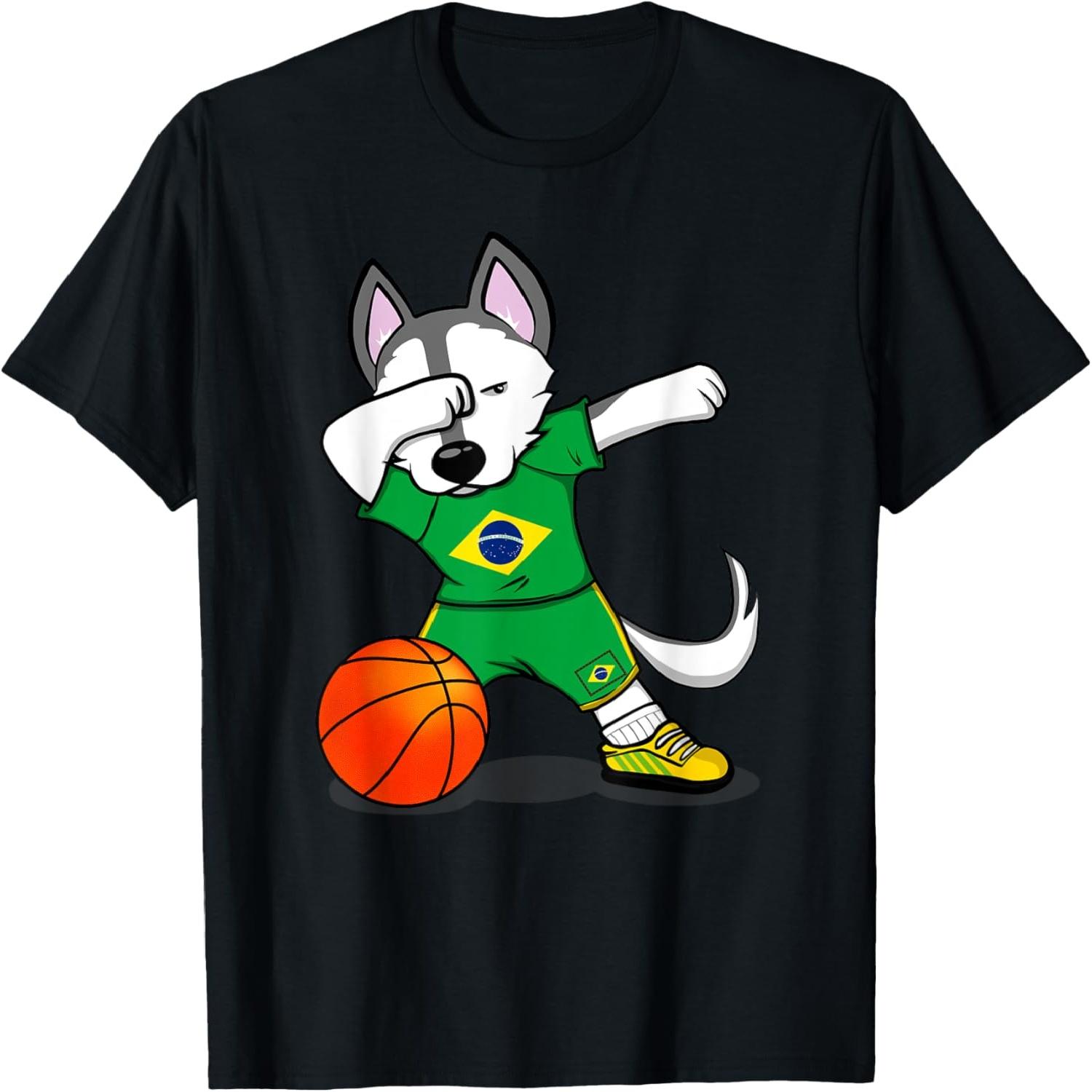 Dabbing Husky Brazil Basketball Fans Jersey Brazilian Flag T-Shirt S
