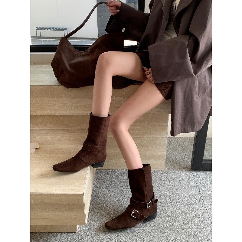 Coarse heel retro suede skinny short boots women's shoes 2025 new autumn and winter brown Martin boots French western ankle boots