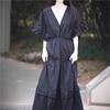 Johnature Women Vintage Tierred Dress V-Neck Short Sleeve Solid Color Summer Patchwork Casual Female Dress