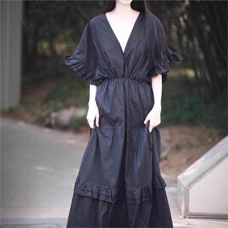 Johnature Women Vintage Tierred Dress V-Neck Short Sleeve Solid Color Summer Patchwork Casual Female Dress