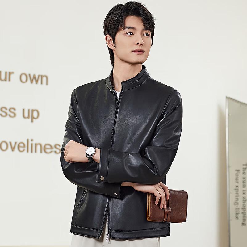 FAPAI Men's Genuine Sheepskin Stand-Collar Leather Jacket