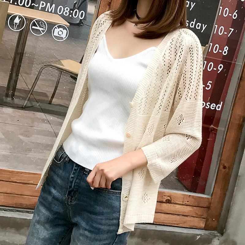 Sunscreen air-conditioning shirt hollow knitted cardigan women's summer temperament casual seven-quarter sleeve thin jacket loose outer fit