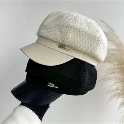 Hat Women's British Style PU Leather Hat Brim Splicing Octagonal Hat Fine Plaid Retro Autumn and Winter Newspaper Beret Japanese Beret