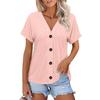Women Fashion Short Sleeve V Neck Solid Button Down Casual T Shirt
