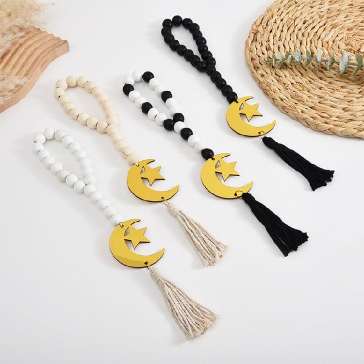 Eid Mubarak Wooden Beads Garlands with Acrylic Moon Pendant Tassels Ramadans Islamic Hanging Ornament Muslims Party Decors