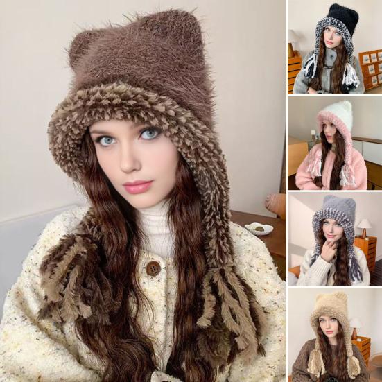 Women Hat Bear Ear Design Thickened Plush Ear Protection Hat Skiing Camping Travel Autumn Winter Headwear