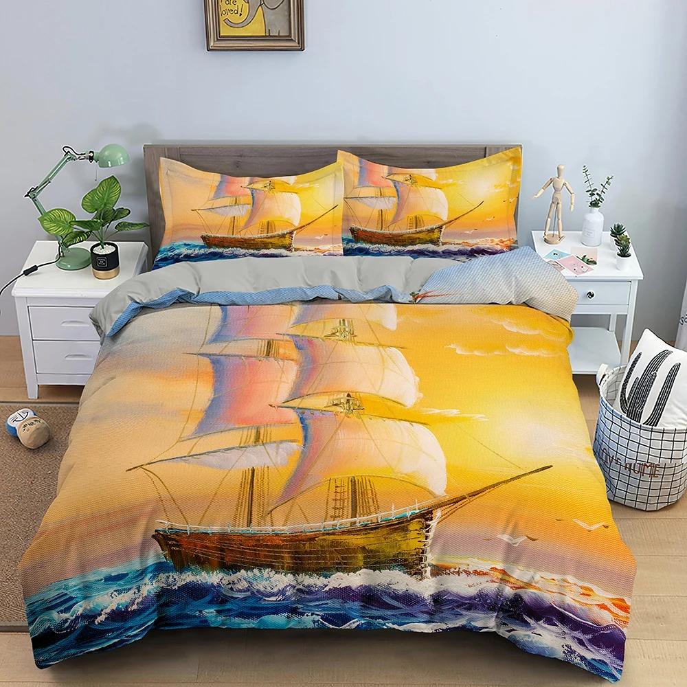 Sailing Ship Pattern Duvet Cover Set 3D Print Boat For Boys Teen Adult Bedding Set Polyester Comforter Cover Full King Twin Size