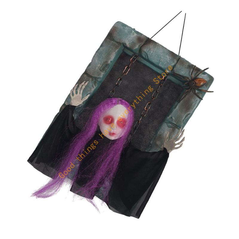 55KF Motion Activated Hanging Ghostly Gravestone Glowing Eyes Shaking Body And Eerie Sounds For Outdoor Horror Decorations
