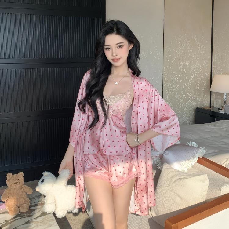 Polka dot ice silk V temptation plus chest pad underwear sweet perspective mesh lace nightdress robe home two-piece set