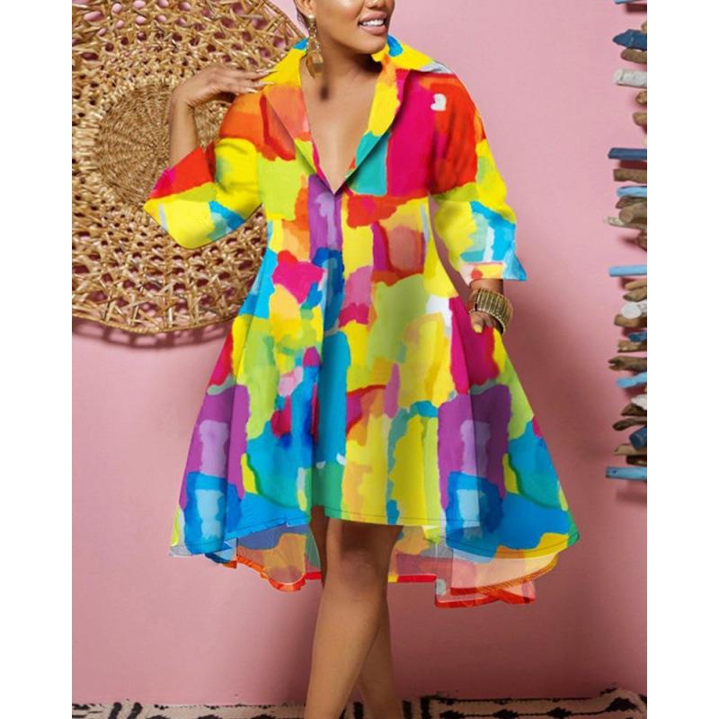 Women's Collar Three Quarter Sleeve Loose Abstract Print Mini Shirt Dress Casual Street A Line Dress