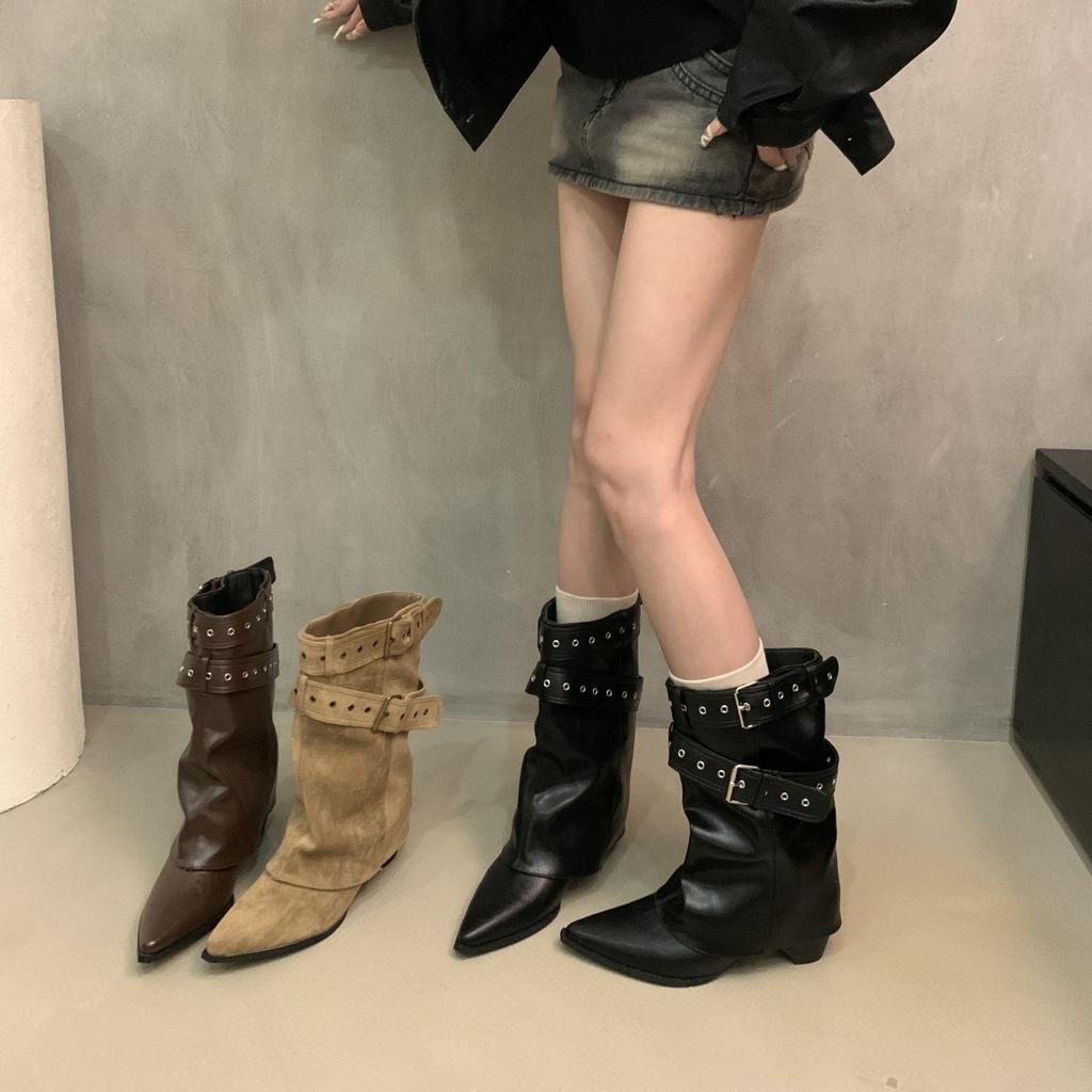 New American Spice Girl Rivet Pant Leg Height Increase Pointed Short Boots Autumn and Winter New Western Cowboy Boots Black