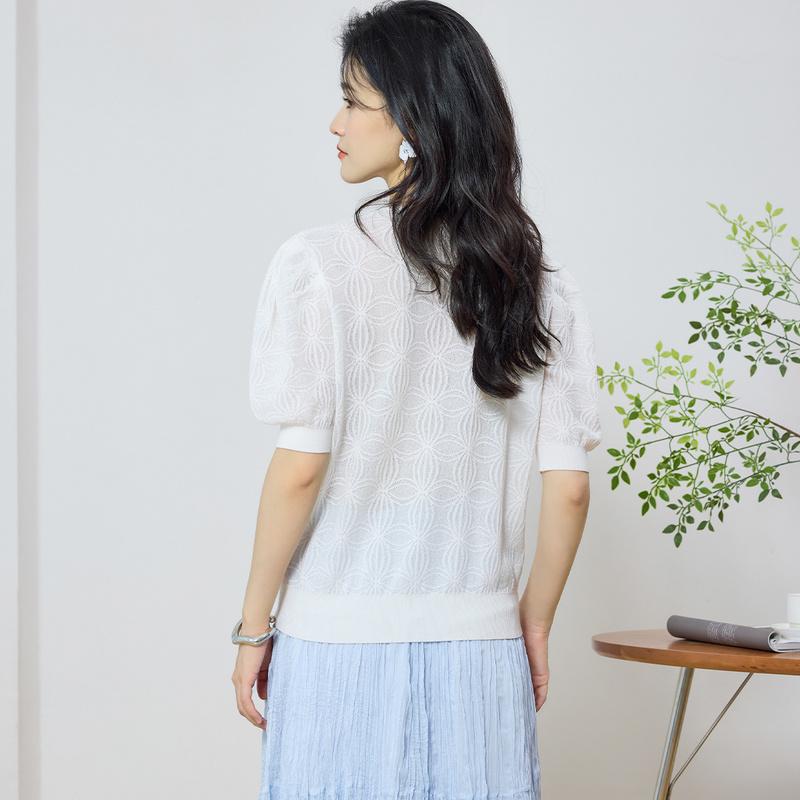2025 Summer New High end Round Neck Lantern Sleeve Flower Jacquard Short Sleeve T-shirt Fashion Knitted Top
