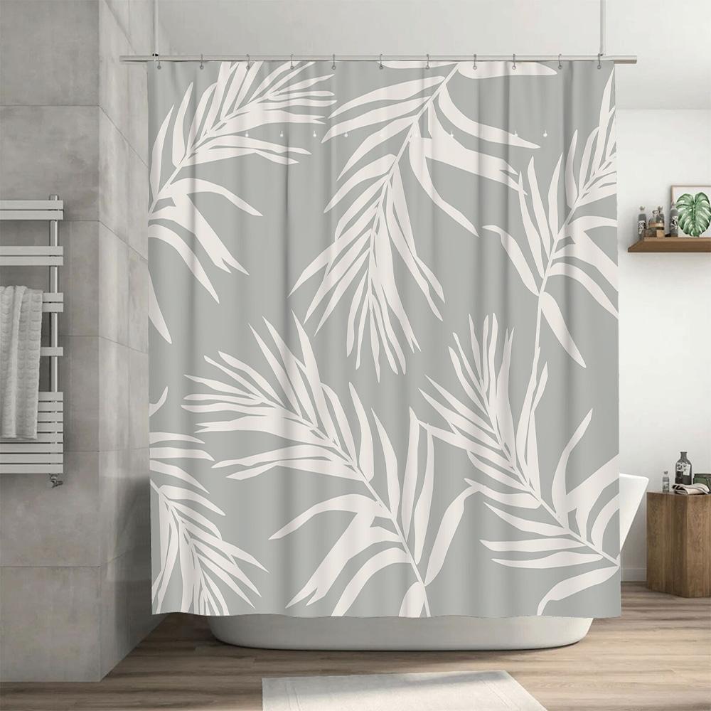 Modern Bathroom Decor White Palm Leaf Pattern Shower Curtain Set for Home Bathrooms Bathtubs Size 72 X 84 Inches