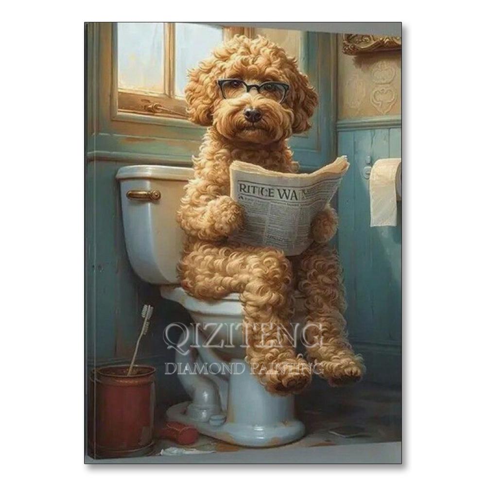 Dog Diamond Painting Cat Toilet Cartoon Diamond Mosaic Animal Full Round_Square Drill Embroidery Funny Bathroom Wall Decor Art