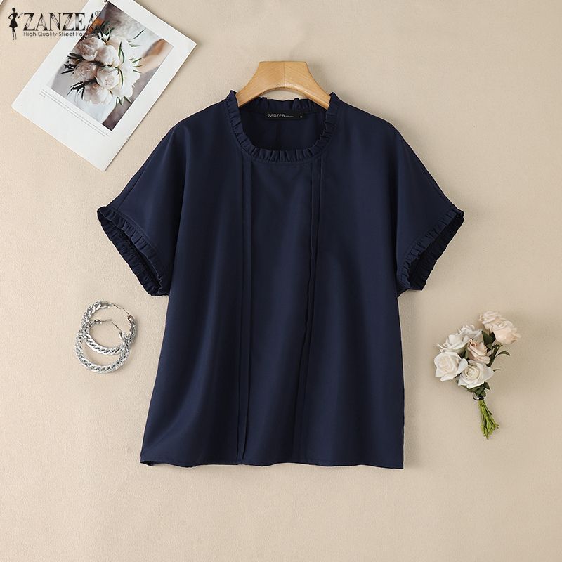 ZANZEA Women Casual Round Neck Solid Color Summer Short Sleeve Blouse