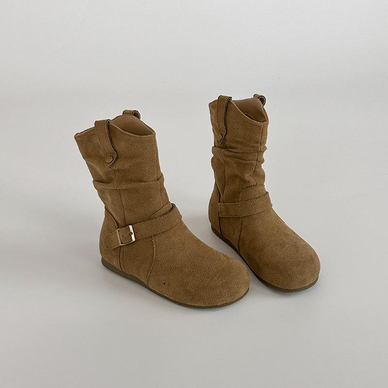 Fashion Retro Suede Buckle Western Boots Fashion Casual Ladies Flat Bottom Slip On Solid Color Short Botines Spring Autumn Women's Shoes