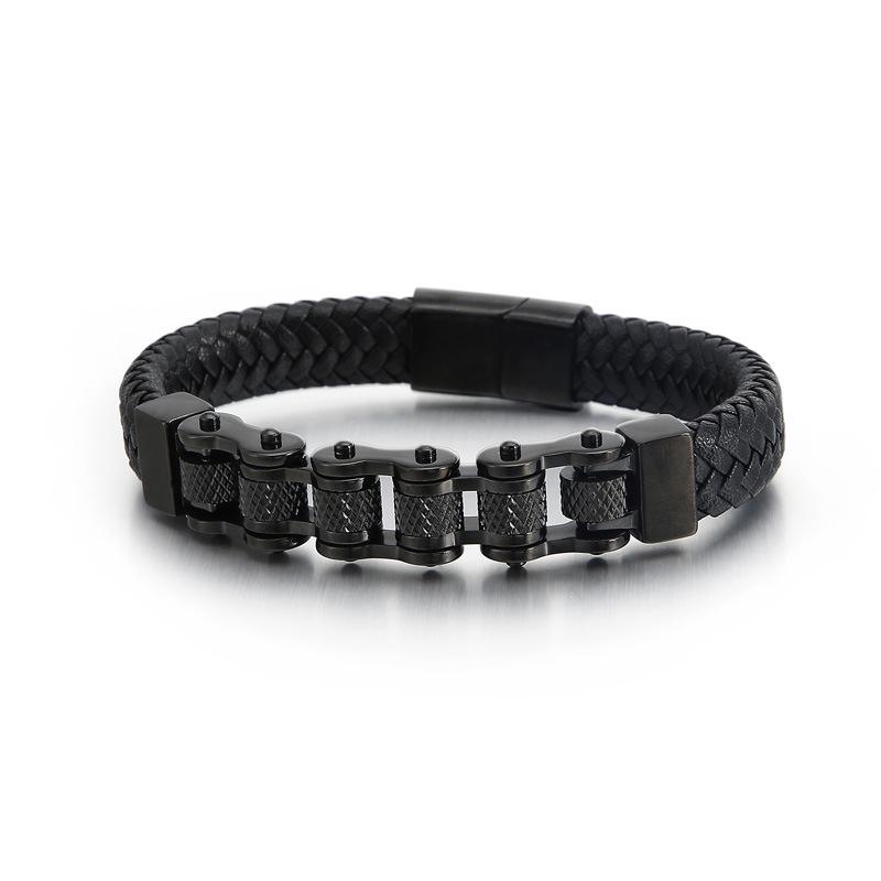 European-American Punk Bicycle Chain Titanium Steel Bracelet with Woven Cowhide In Stainless Steel Motorcycle Design.