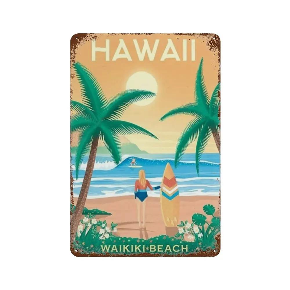 Vintage Metal Tin Signs Poster Hawaii Beach Party Poster Surfing Paradise for Beach Bar Cafe Club Home Room Wall Decor