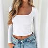 Ladies Spring Autumn Long Sleeve Square Collar Solid Color Slim Fit Pullover Bare Midriff T Shirt Top