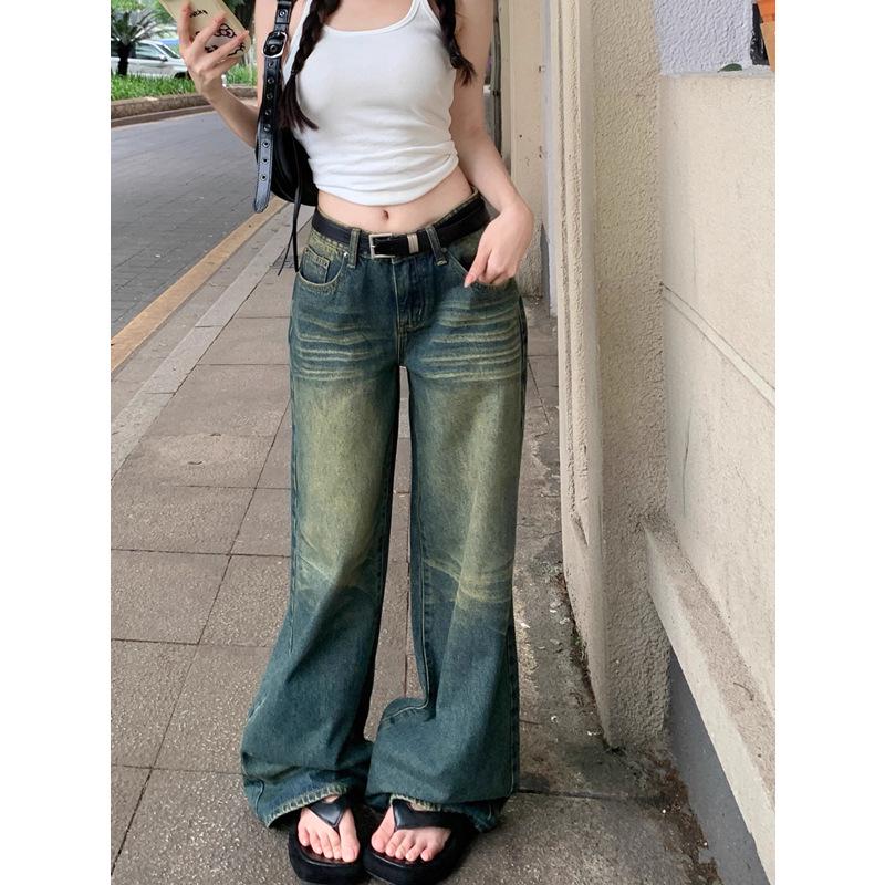 Plus Size Retro Distressed Low Waist Straight Jeans for Women - Autumn Loose Fit Wide Leg Trousers