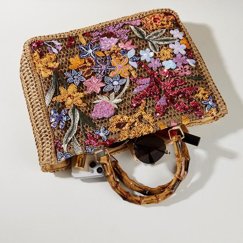 2025 Luxury Sequins Embroidery Large Tote Bags New Fashion Bamboo Handle Women Handags Lady Woven Straw Flower Summer Beach Bag