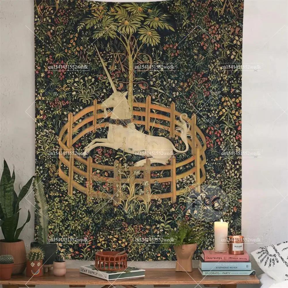 Гобелен «Леди и единорог» Средневековый гобелен Настенный гобелен Печатный домашний декор Гобелены Фоновое покрытие для комнаты Для кровати 95X73CM