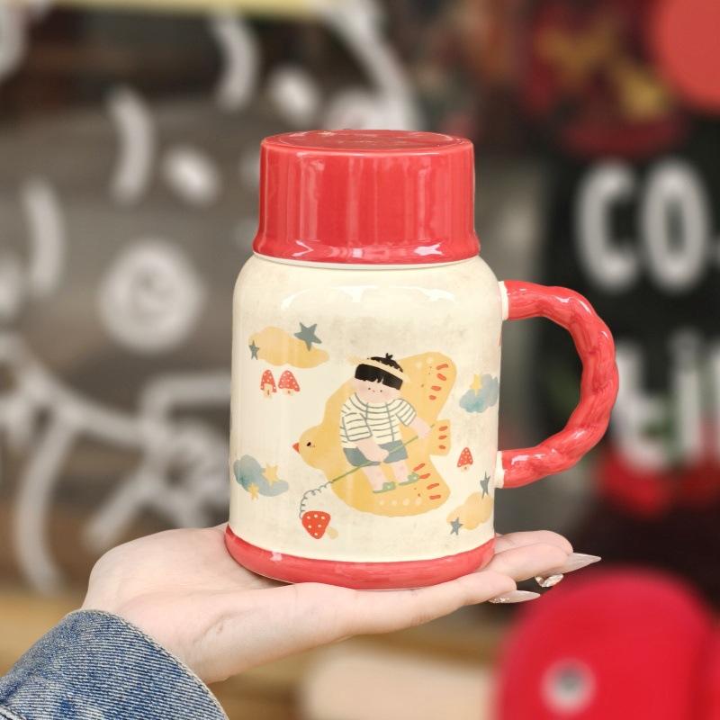 Cute high-value milk fufu kettle girls large-capacity ceramic mug with lid spoon birthday gift souvenir