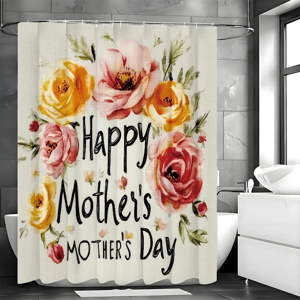 ~O~Happy Mother's Day Floral Shower Curtain, Bathroom Decorative Shower Curtain, Waterproof Shower Curtain with Hooks