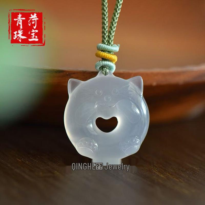 Ice-Type White Agate Totoro Cat Pendant Necklace Unisex Anime Jade Stone