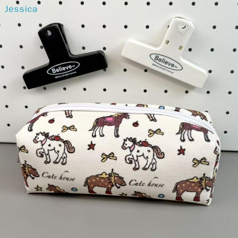 Cute Horse Print Pencil Case – Canvas Zipper Pouch For Stationery Cosmetics Daily Essentials