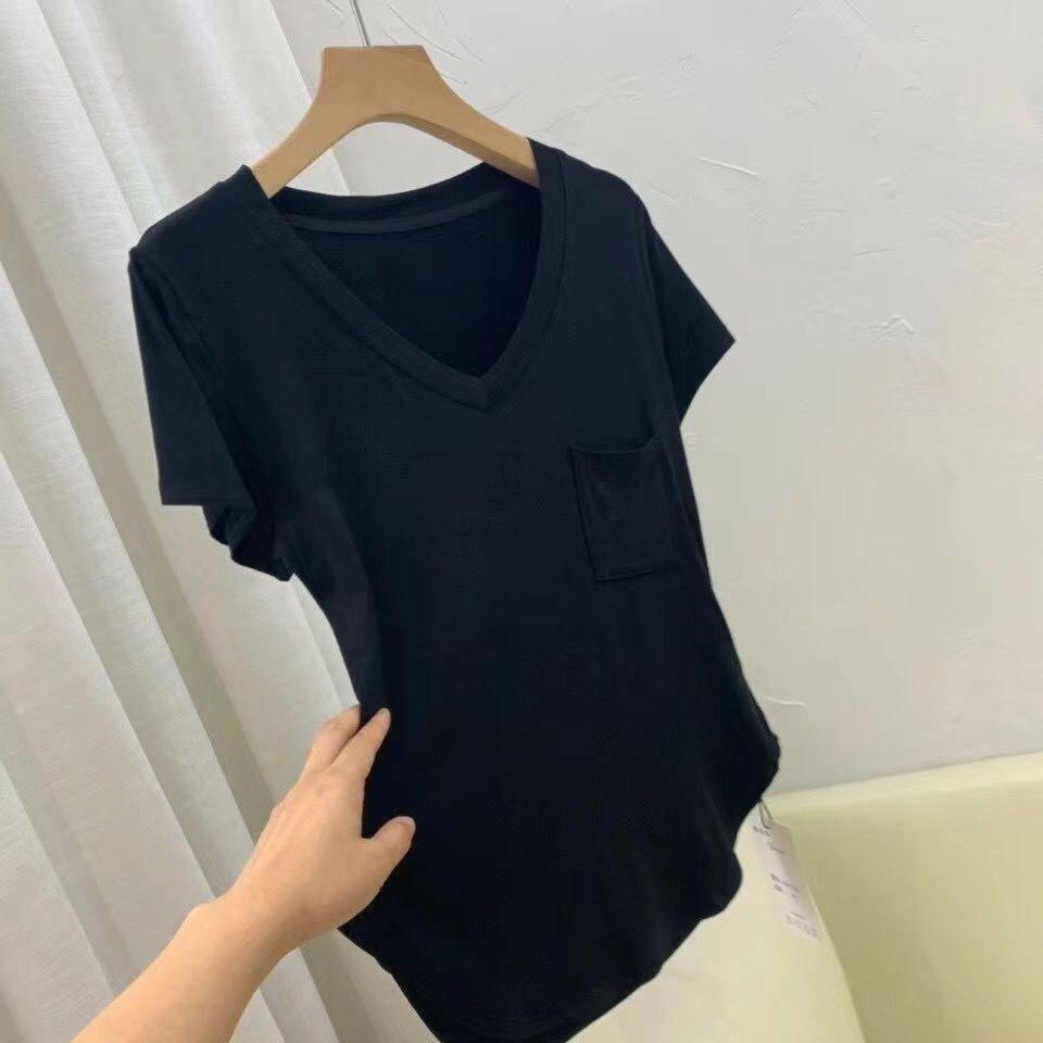 Summer Modal Cotton Draped Collarbone T-shirt Women Loose Korean-style Mid-Length Base Shirt Short Sleeve Casual V-neck Top