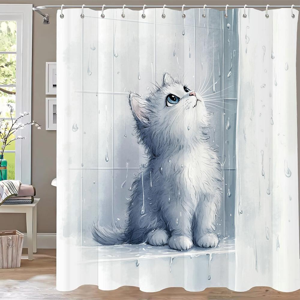 Cute Cartoon Cat And Dog Shower Curtain, Bathroom Decorative Curtain, Printed Shower Curtain, Home Decoration Curtain With Hooks