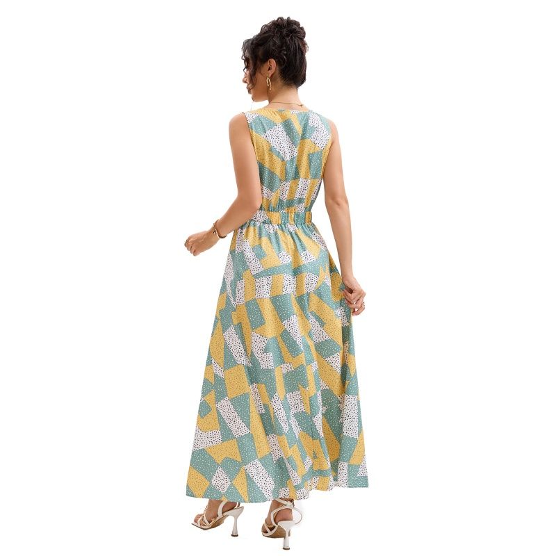 Summer Fashion Print Sleeveless V-neck Women Dress Swing Dress