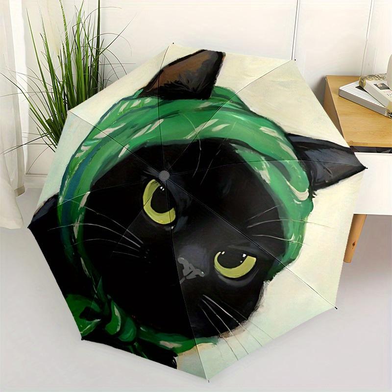 1pc Cat Green Automatic Open/close Umbrella, 8-Rib Sturdy Structure, Portable Travel Umbrella, Parties, Everyday Use, Outdoor Accessory, Art