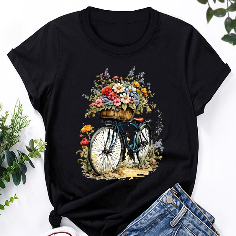 Women T Shirt Fashion Floral Bicycle Print Tshirt Women Short Sleeve O Neck T-shirt Ladies Causal Tee Shirt Clothes Tops