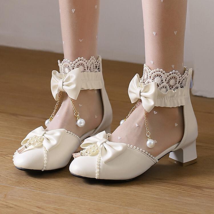 Neue chinesische Mädchenschuhe mit niedrigem Absatz, Baotou, cooler Stiefel im nationalen Stil, Schleife, süße Spitze Loli COS Hanfu Damenschuhe