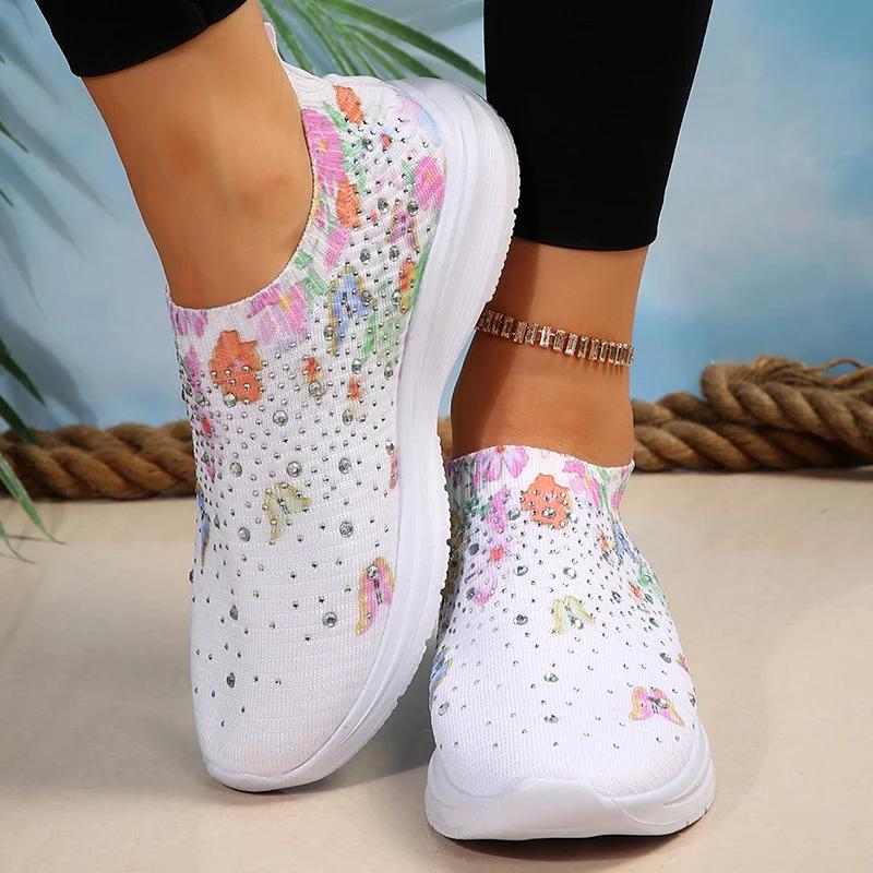 Fashion Rhinestone Decor Knitted Sneakers Women Fashion Floral Butterfly Print Casual Shoes Woman Summer Breathable Mesh Running Shoes