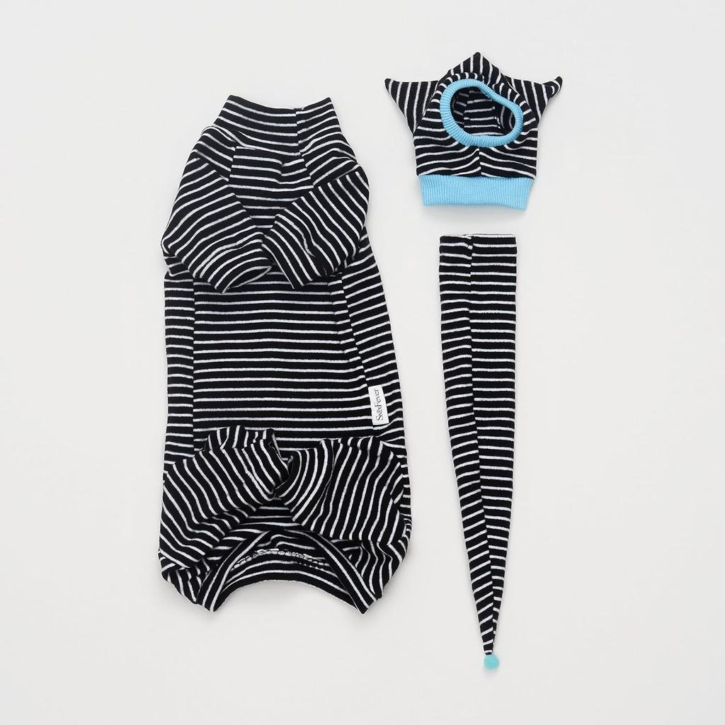 Sphynx Cat Clothes Black Stripe Breathable Shirts Suit, Pet Hat and Shirt Set (Medium)