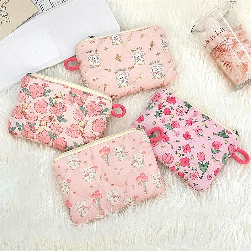 Ins Style Flower Coin Purse Cartoon Rabbit Clutch Bag Lipstick Earphone Sundries Storage Bag Wallet Pouch Mini Makeup Bag