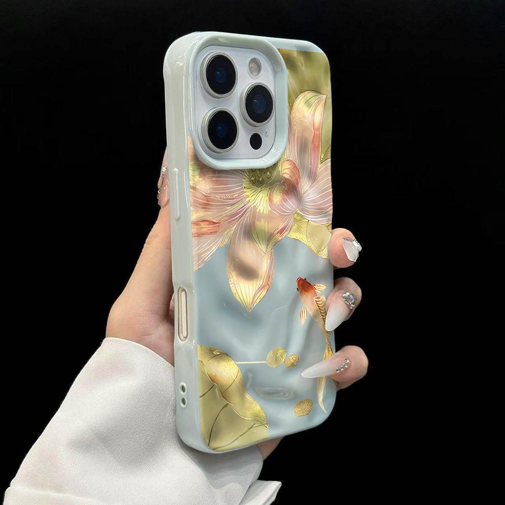 

Luxury Koi and Lotus Lucky Phone Case For iPhone 17 16 15 14 13 12 11 Pro Max 14 Plus 17 Air Wrinkle Wave Soft Silicone Cover iPhone 14 Pro